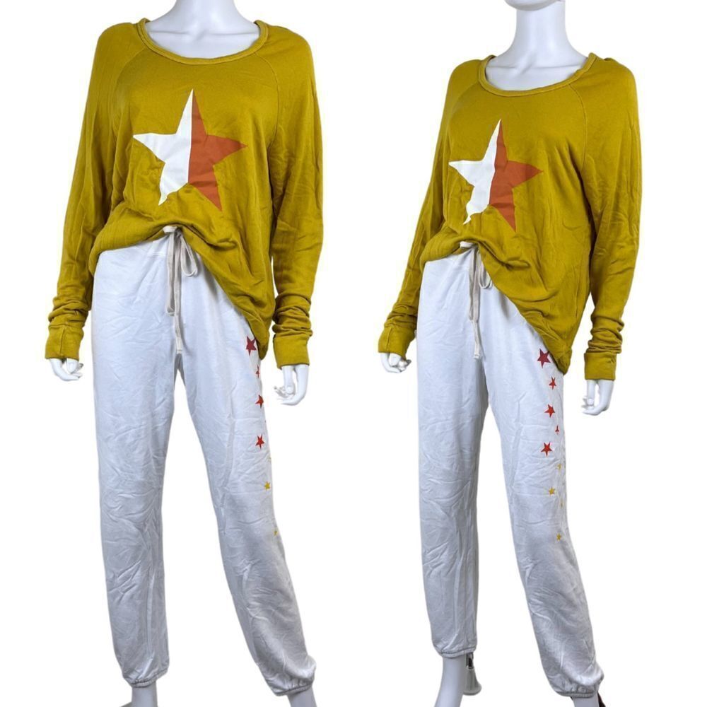 Sundry Women Size M Yellow White Stars Pullon Sweatpant Crew Neck Top Set Lounge